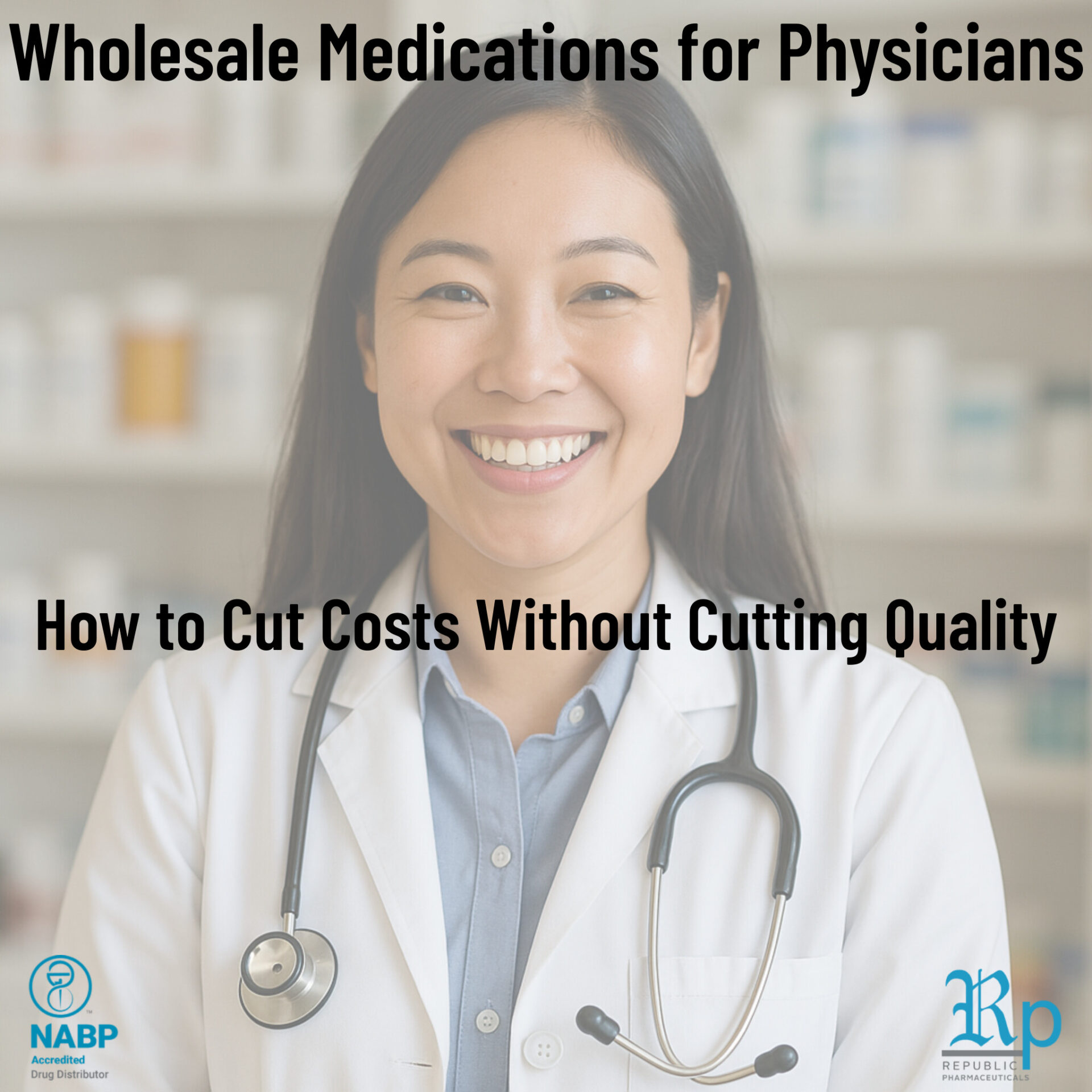Wholesale medications for physicians - shows a smiling asian female doctor