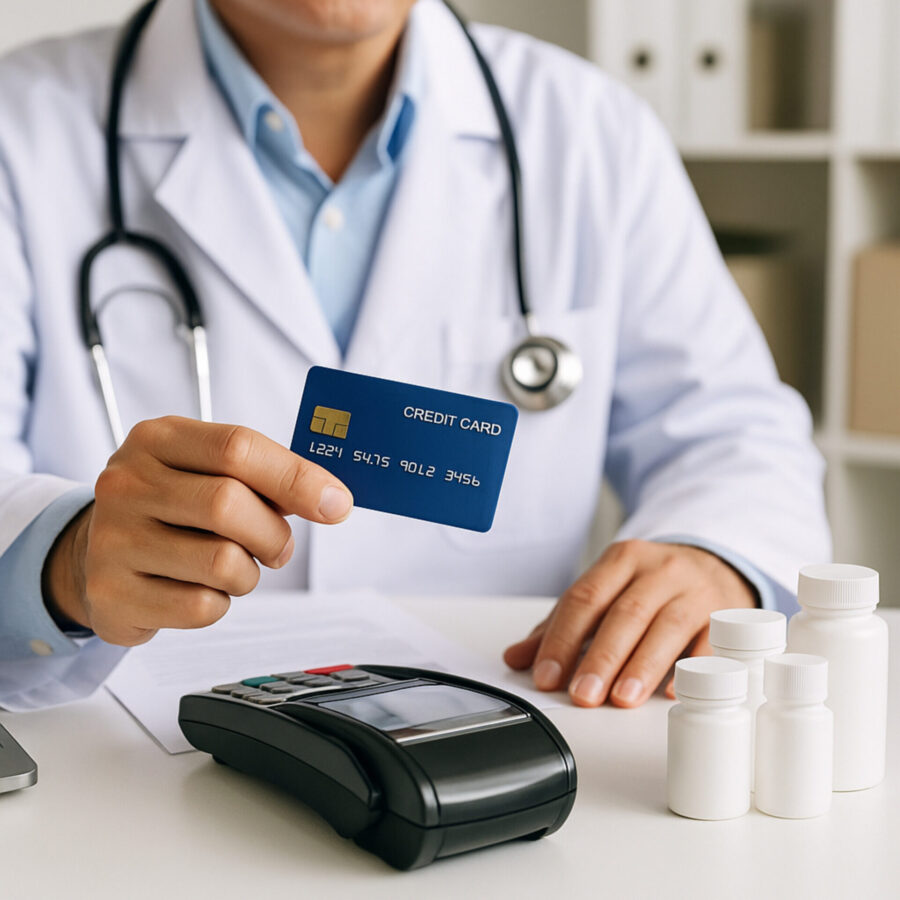Doctor in white coat paying with a credit card for wholesale medications next to prescription bottles