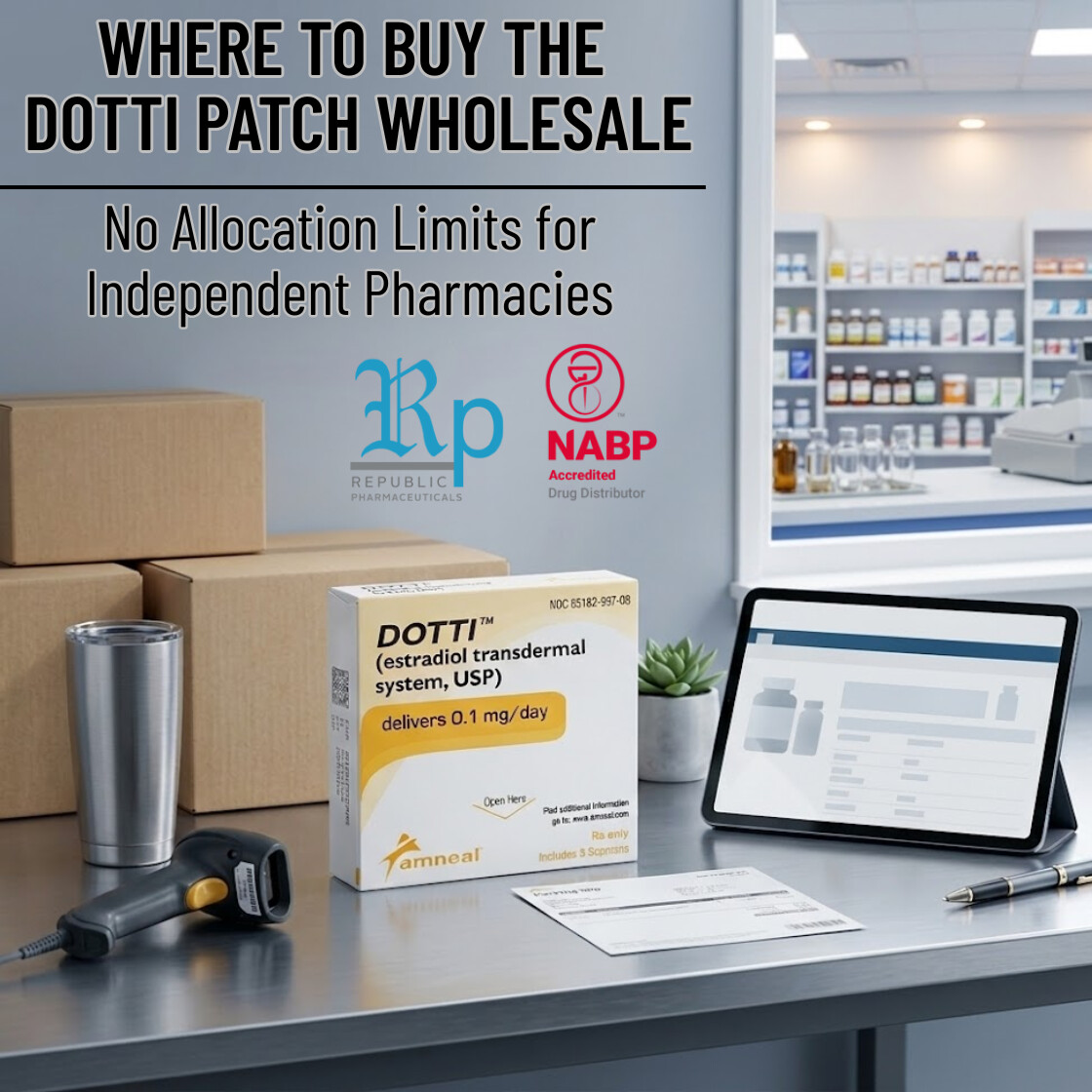A box of Dotti estradiol patches on a pharmacy counter next to shipping boxes and a tablet, with text reading 'Where to buy Dotti patch wholesale: No allocation limits for independent pharmacies' alongside the Republic Pharmaceuticals logo.